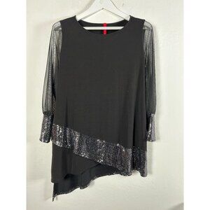 IC by Connie K Women Black Asymmetrical Sequin Tunic Top Medium Metallic Stretch